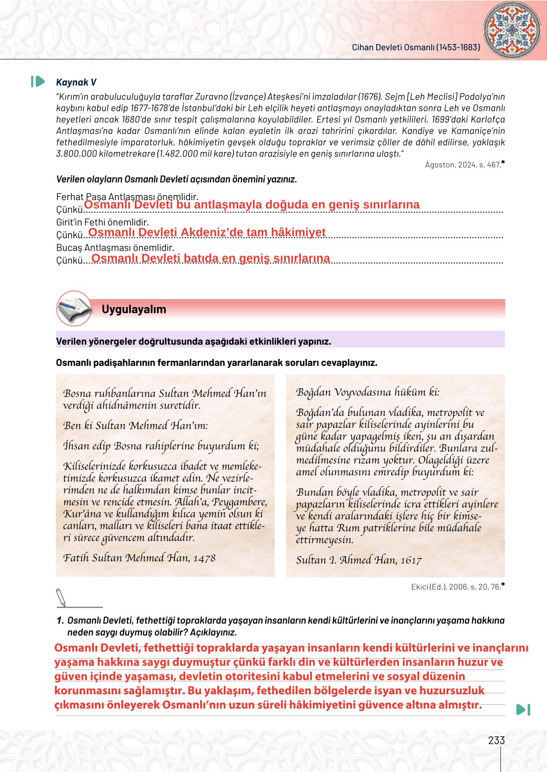 10. Sınıf Meb Yayınları Tarih Ders Kitabı Sayfa 233 Cevapları