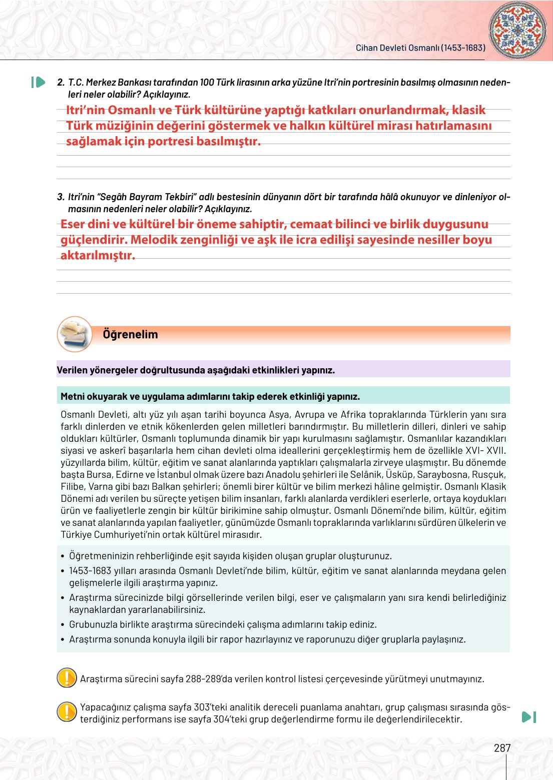 10. Sınıf Meb Yayınları Tarih Ders Kitabı Sayfa 287 Cevapları