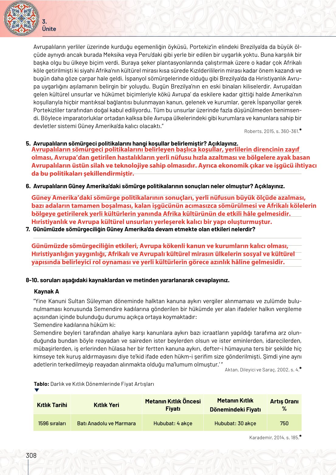 10. Sınıf Meb Yayınları Tarih Ders Kitabı Sayfa 308 Cevapları