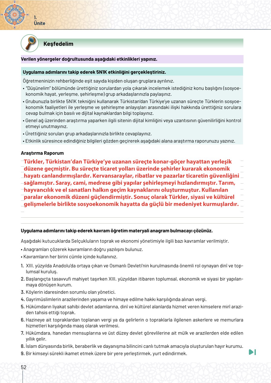 10. Sınıf Meb Yayınları Tarih Ders Kitabı Sayfa 52 Cevapları