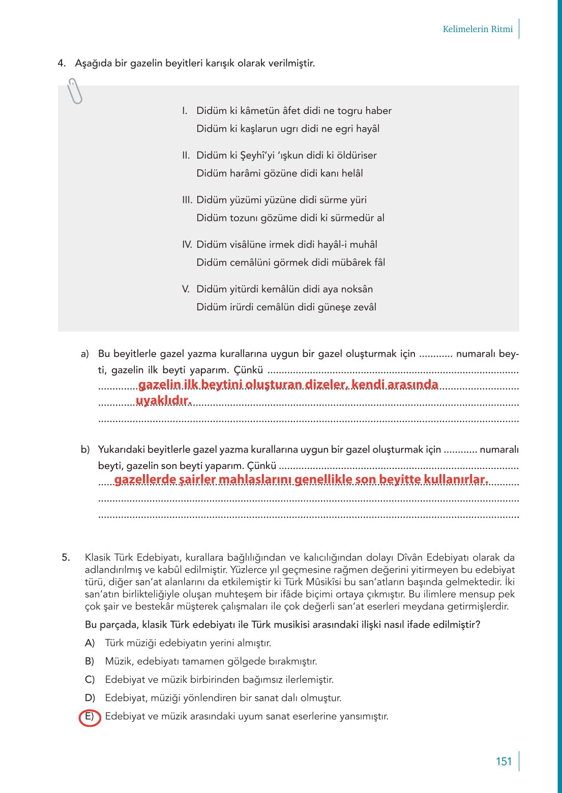 10. Sınıf Meb Yayınları Türk Dili Ve Edebiyatı Ders Kitabı Sayfa 151 Cevapları