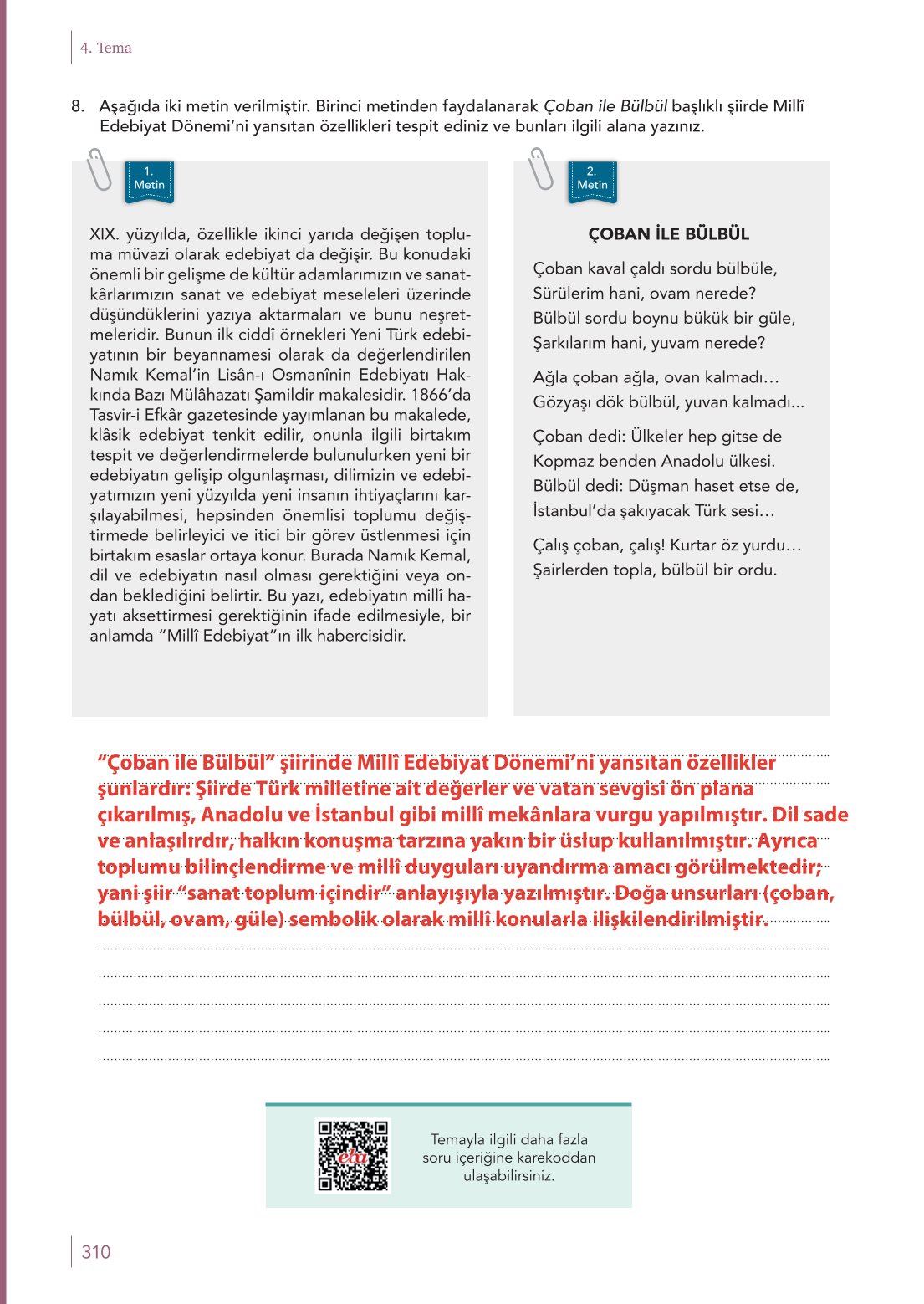 10. Sınıf Meb Yayınları Türk Dili Ve Edebiyatı Ders Kitabı Sayfa 310 Cevapları