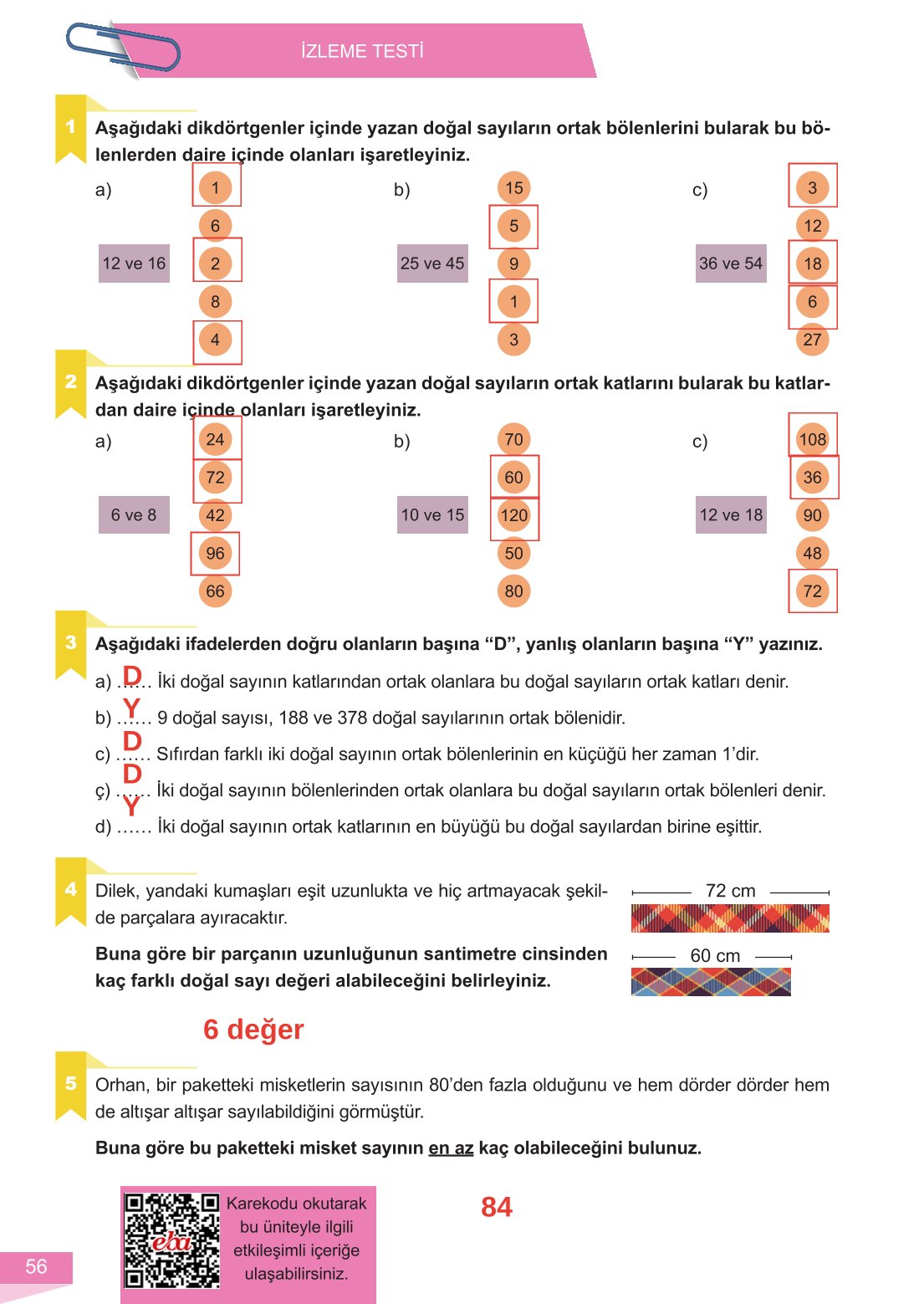 6. Sınıf Meb Yayınları Matematik Ders Kitabı Sayfa 56 Cevapları 6. Sınıf Meb Yayınları Matematik Ders Kitabı Sayfa 56 Cevapları