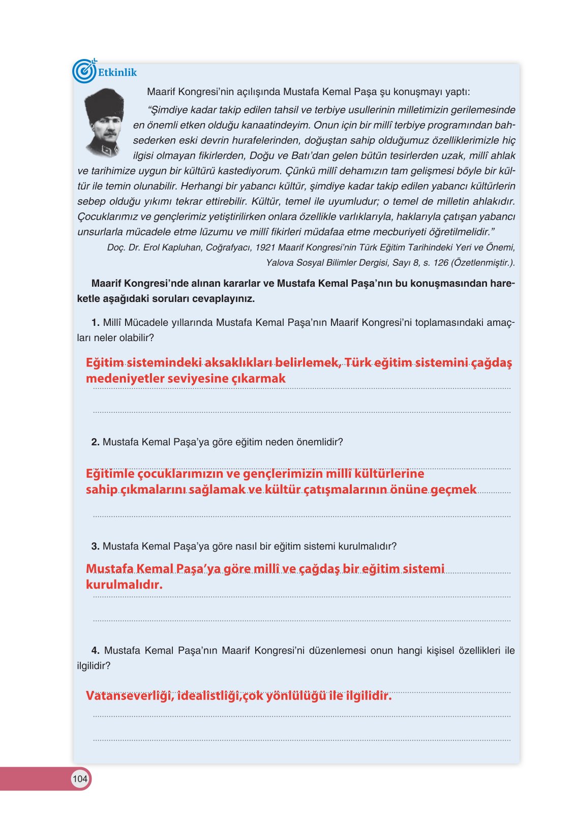 8. Sınıf Ders Destek Yayınları İnkılap Tarihi Ve Atatürkçülük Ders Kitabı Sayfa 104 Cevapları