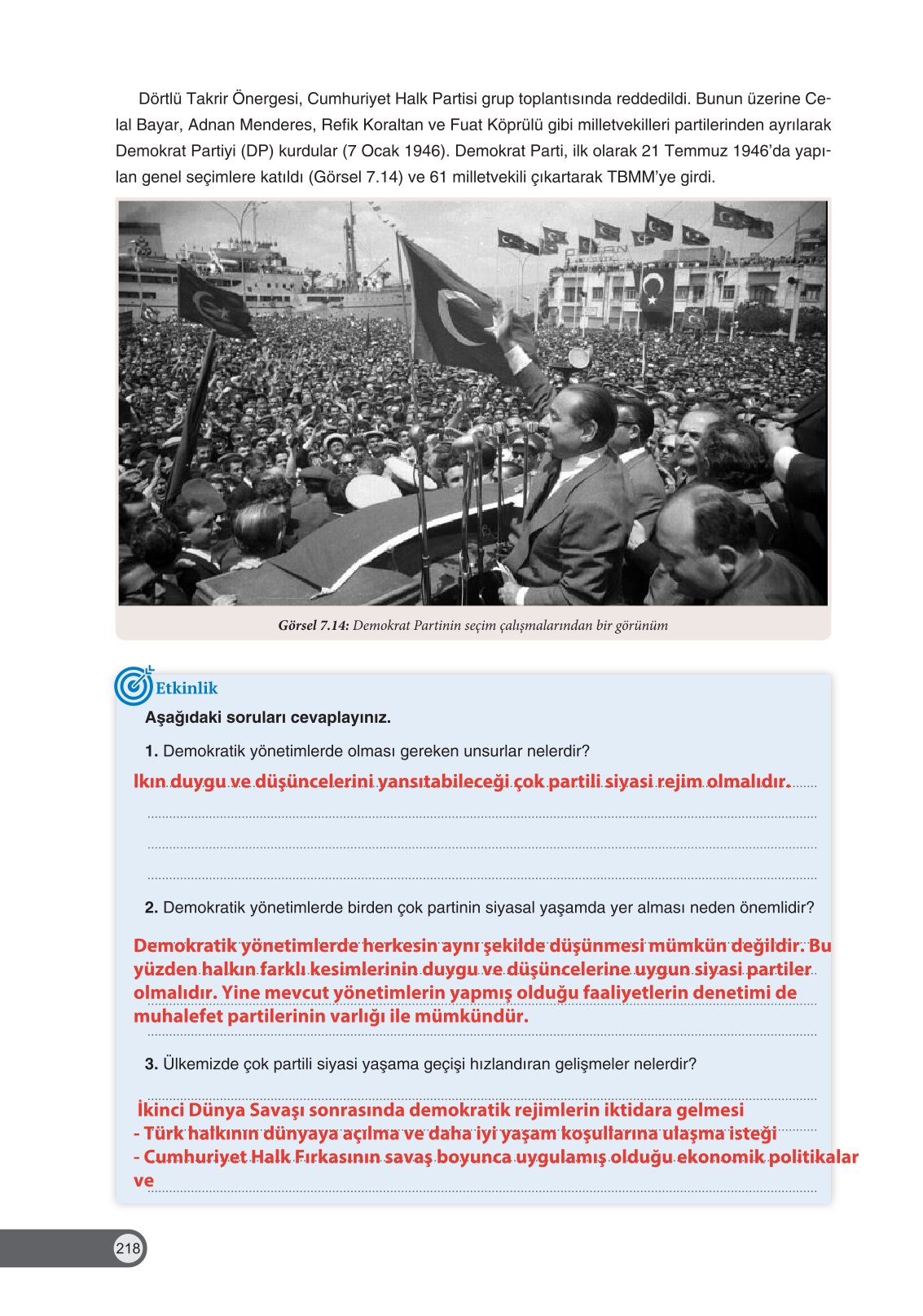 8. Sınıf Ders Destek Yayınları İnkılap Tarihi Ve Atatürkçülük Ders Kitabı Sayfa 218 Cevapları