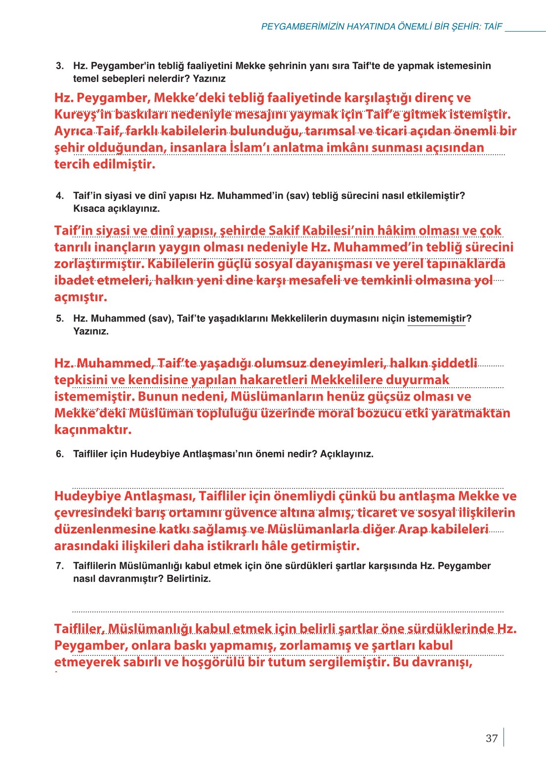 10. Sınıf Meb Yayınları Peygamberimizin Hayatı Ders Kitabı Sayfa 37 Cevapları