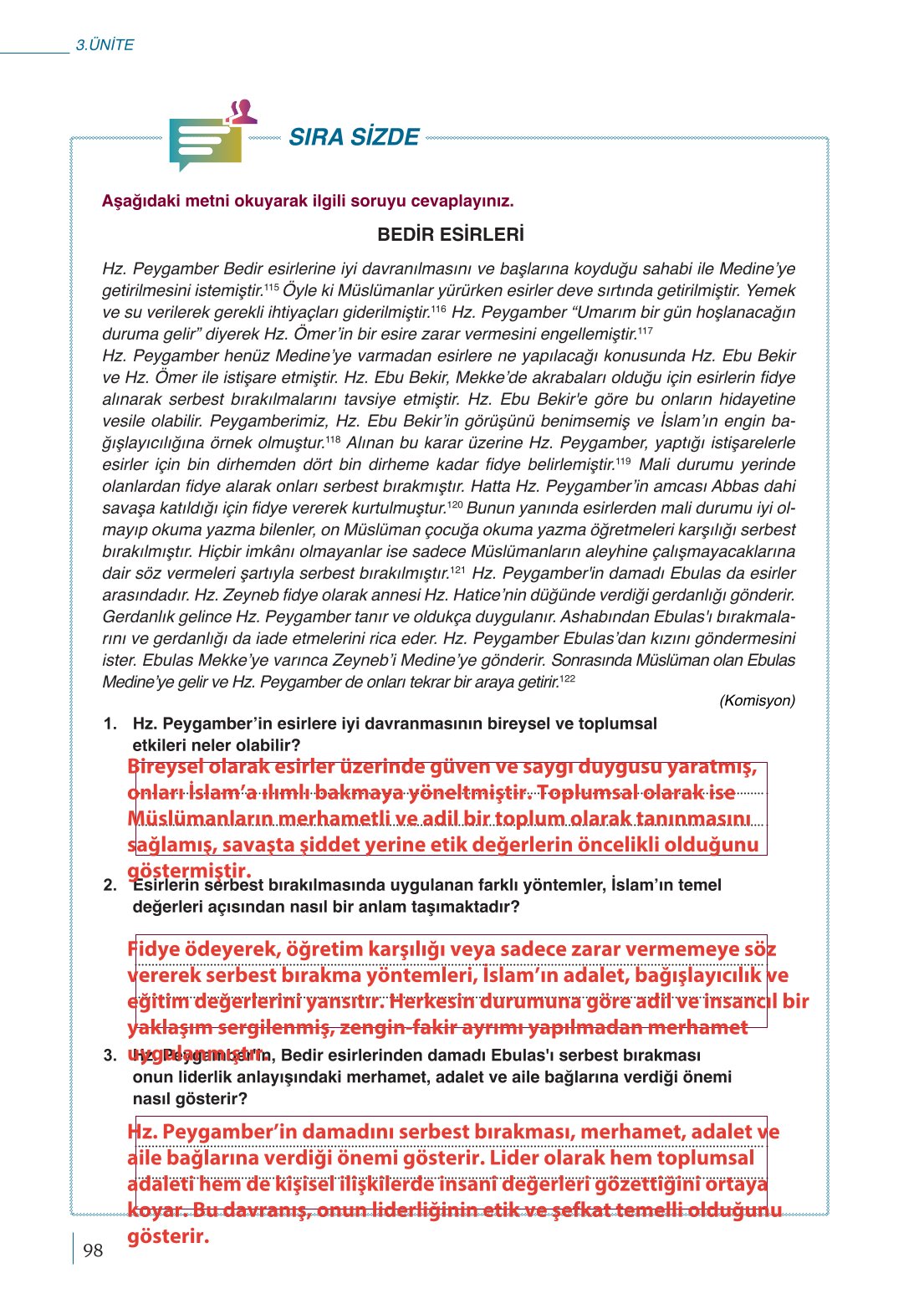 10. Sınıf Meb Yayınları Peygamberimizin Hayatı Ders Kitabı Sayfa 98 Cevapları
