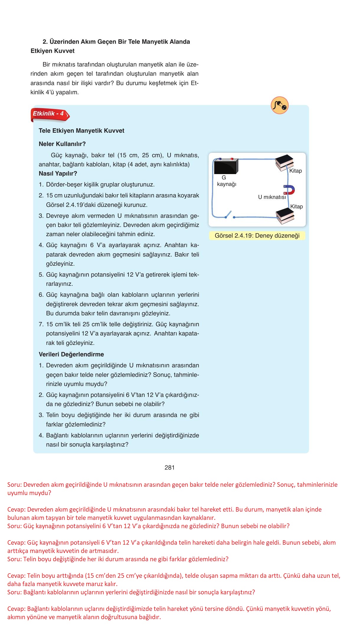 11. Sınıf Ata Yayıncılık Fizik Ders Kitabı Sayfa 281 Cevapları