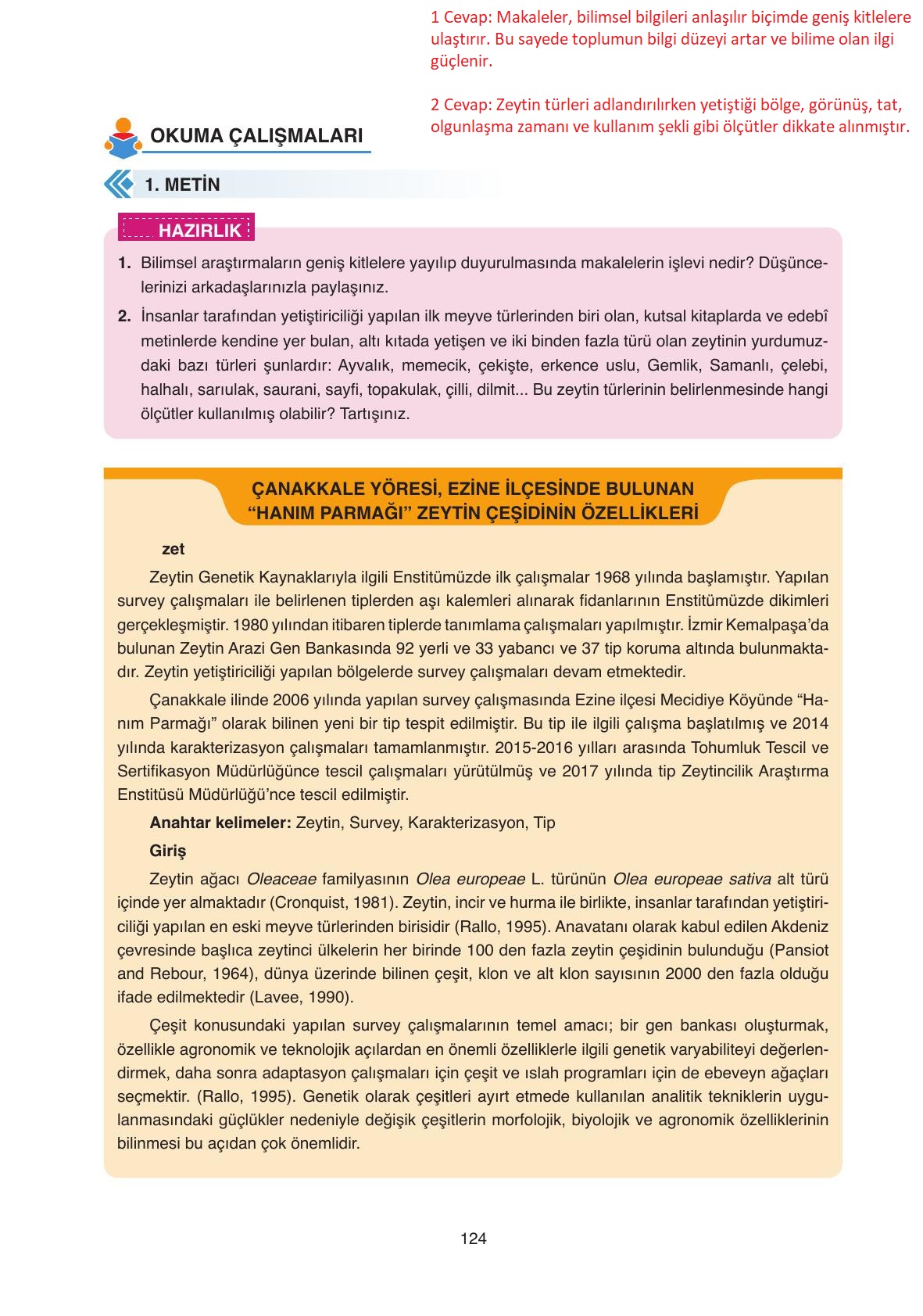 11. Sınıf Ata Yayıncılık Türk Dili Ve Edebiyatı Ders Kitabı Sayfa 124 Cevapları