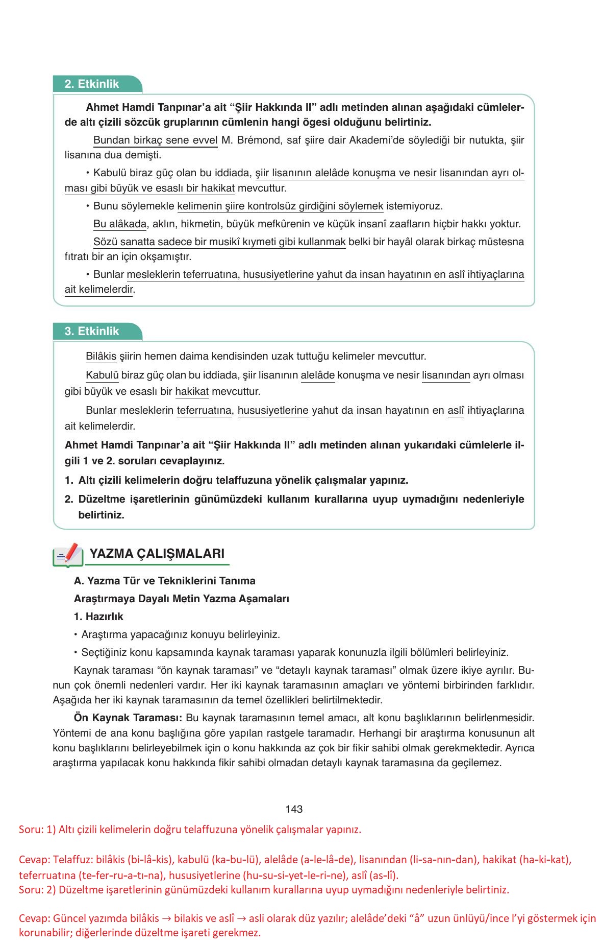 11. Sınıf Ata Yayıncılık Türk Dili Ve Edebiyatı Ders Kitabı Sayfa 143 Cevapları