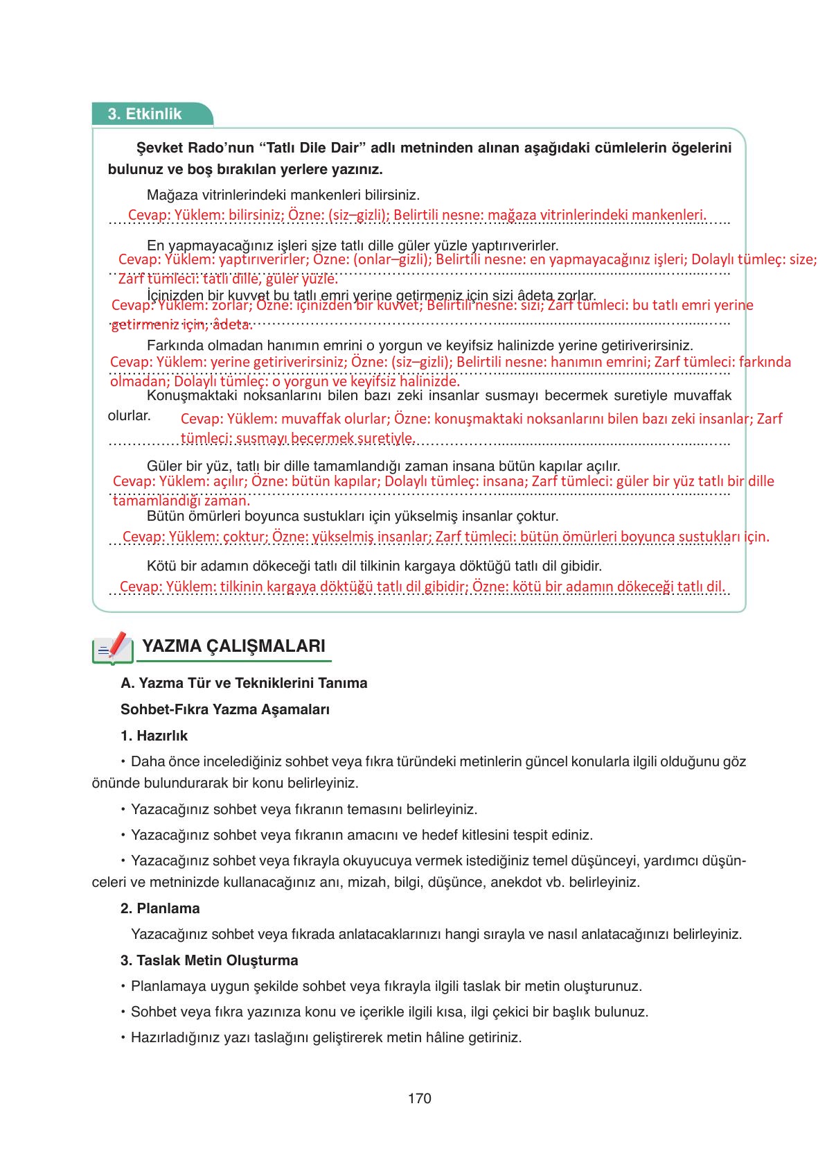 11. Sınıf Ata Yayıncılık Türk Dili Ve Edebiyatı Ders Kitabı Sayfa 170 Cevapları