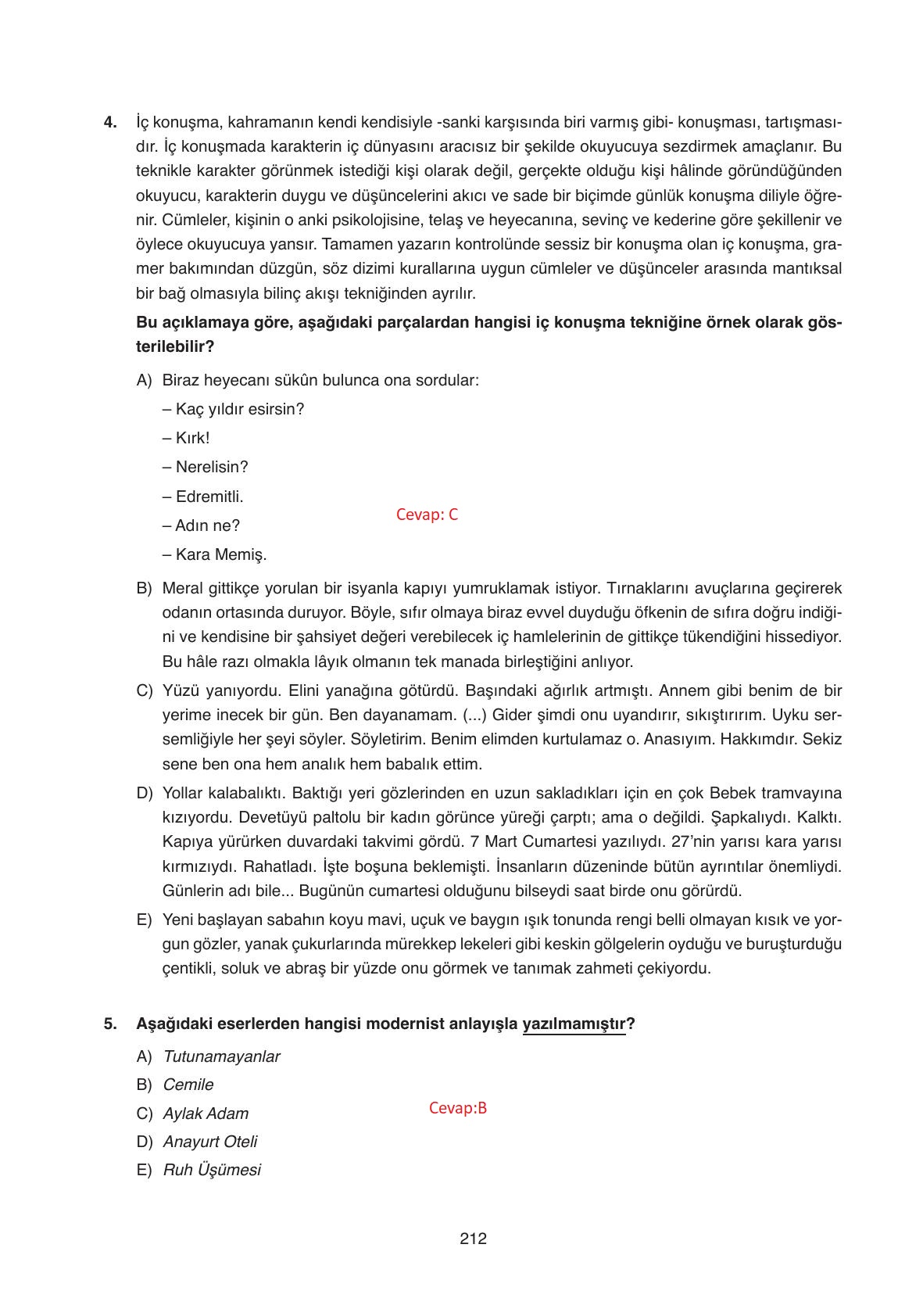 11. Sınıf Ata Yayıncılık Türk Dili Ve Edebiyatı Ders Kitabı Sayfa 212 Cevapları