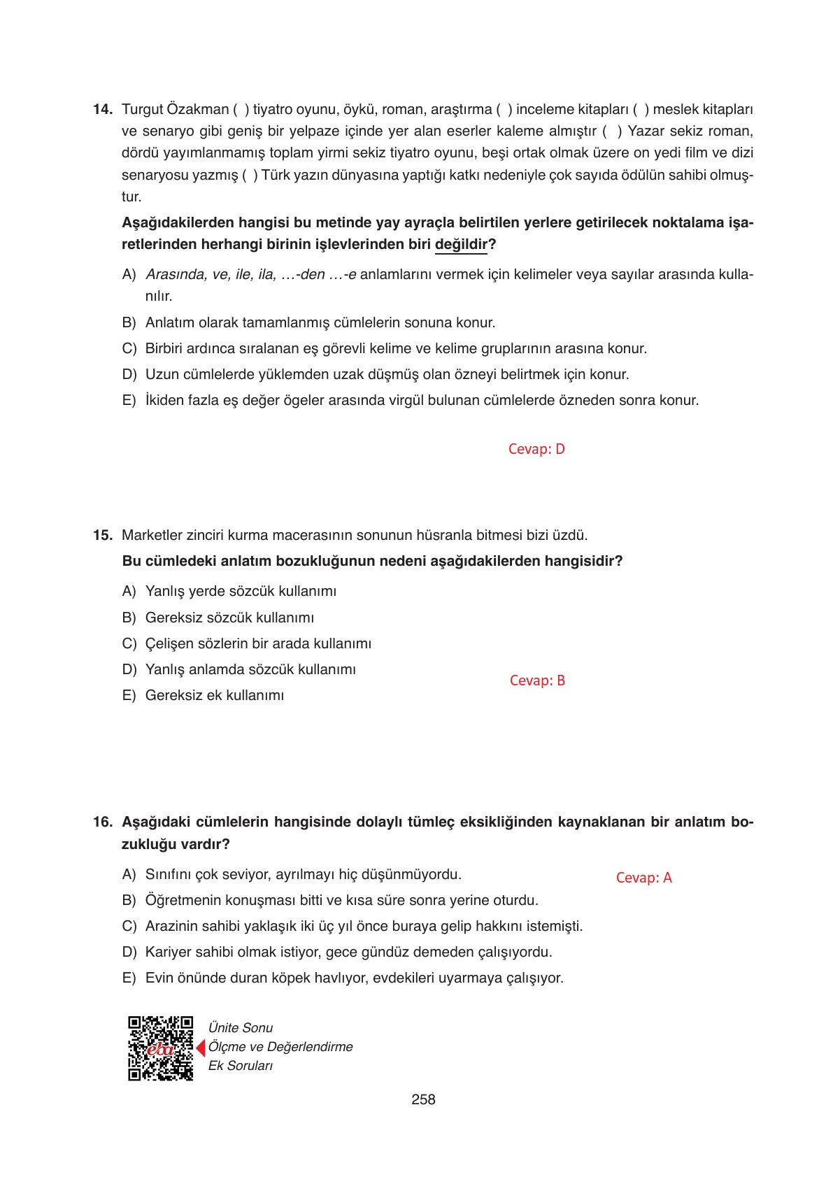 11. Sınıf Ata Yayıncılık Türk Dili Ve Edebiyatı Ders Kitabı Sayfa 258 Cevapları
