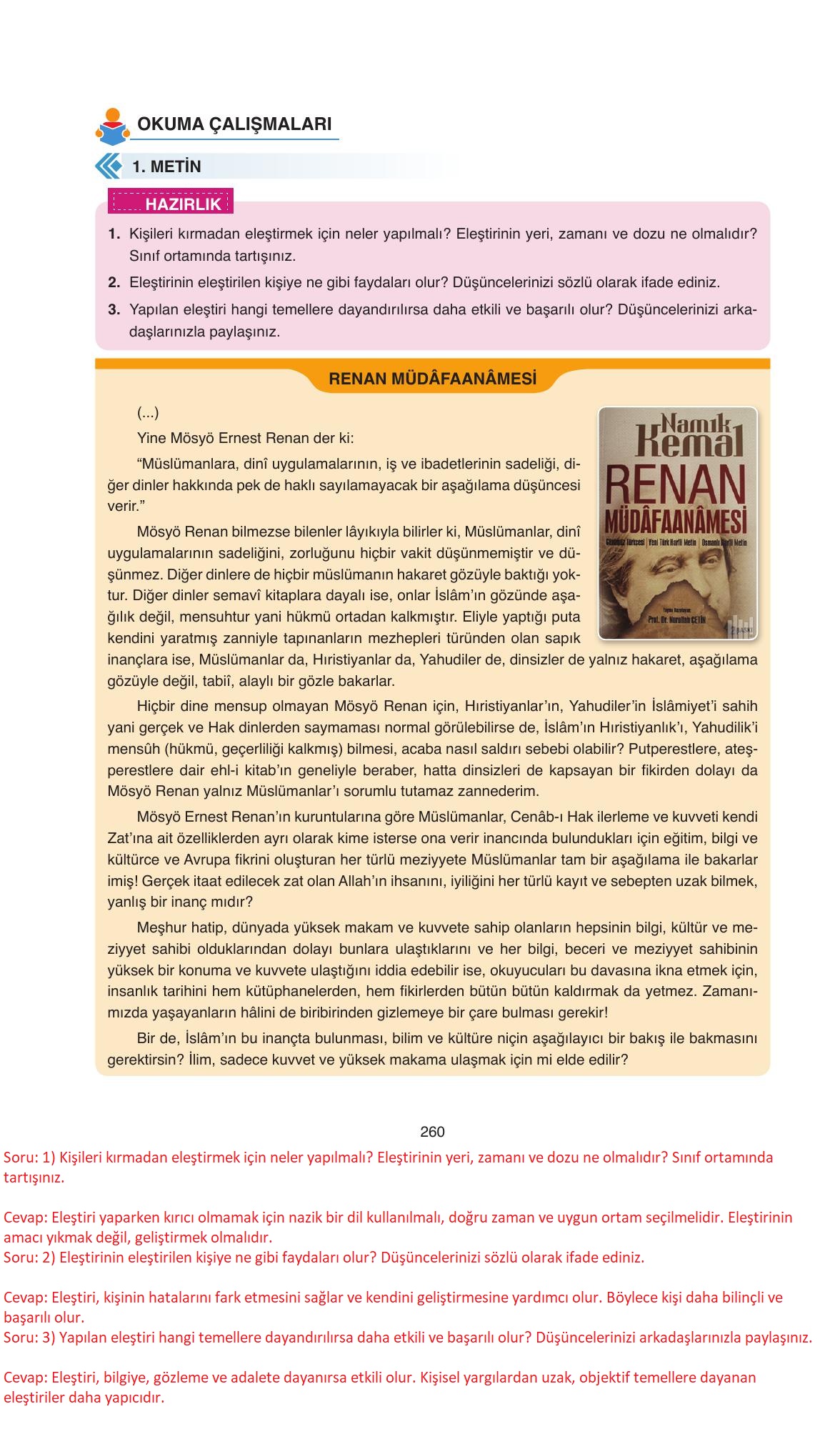 11. Sınıf Ata Yayıncılık Türk Dili Ve Edebiyatı Ders Kitabı Sayfa 260 Cevapları