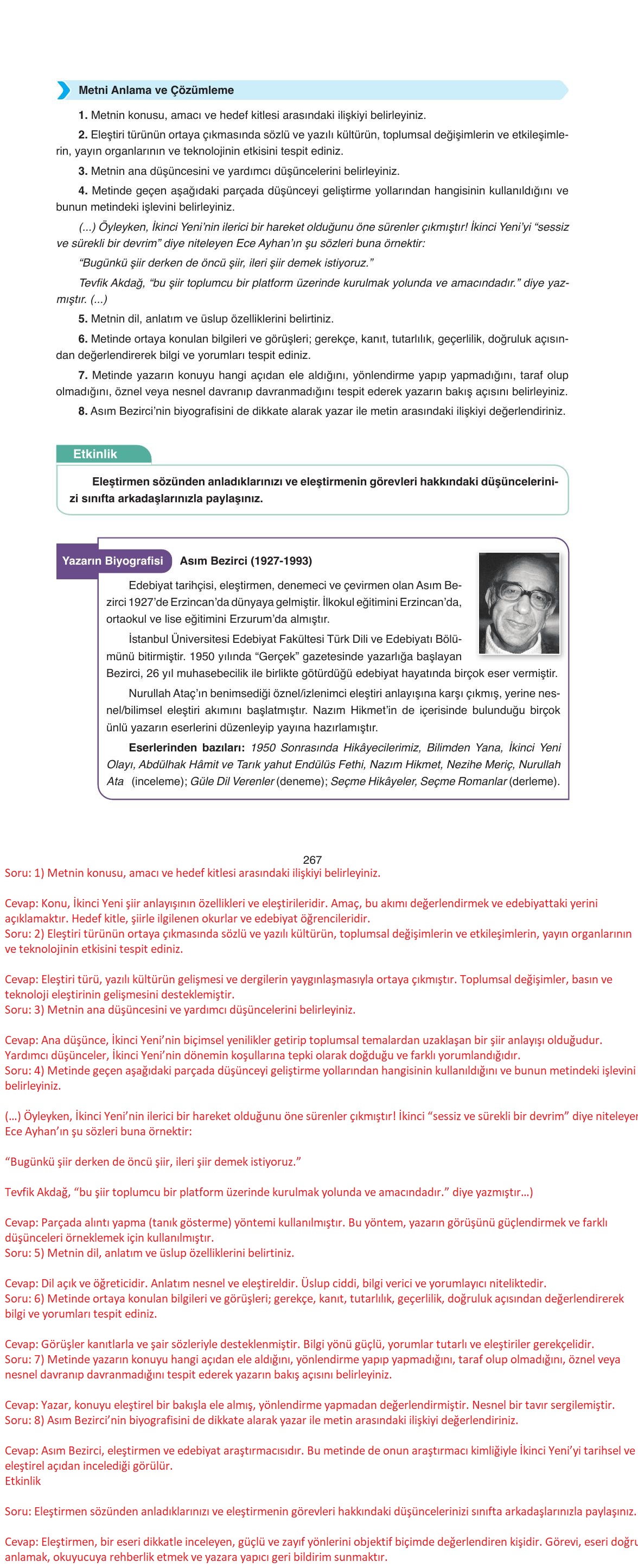 11. Sınıf Ata Yayıncılık Türk Dili Ve Edebiyatı Ders Kitabı Sayfa 267 Cevapları