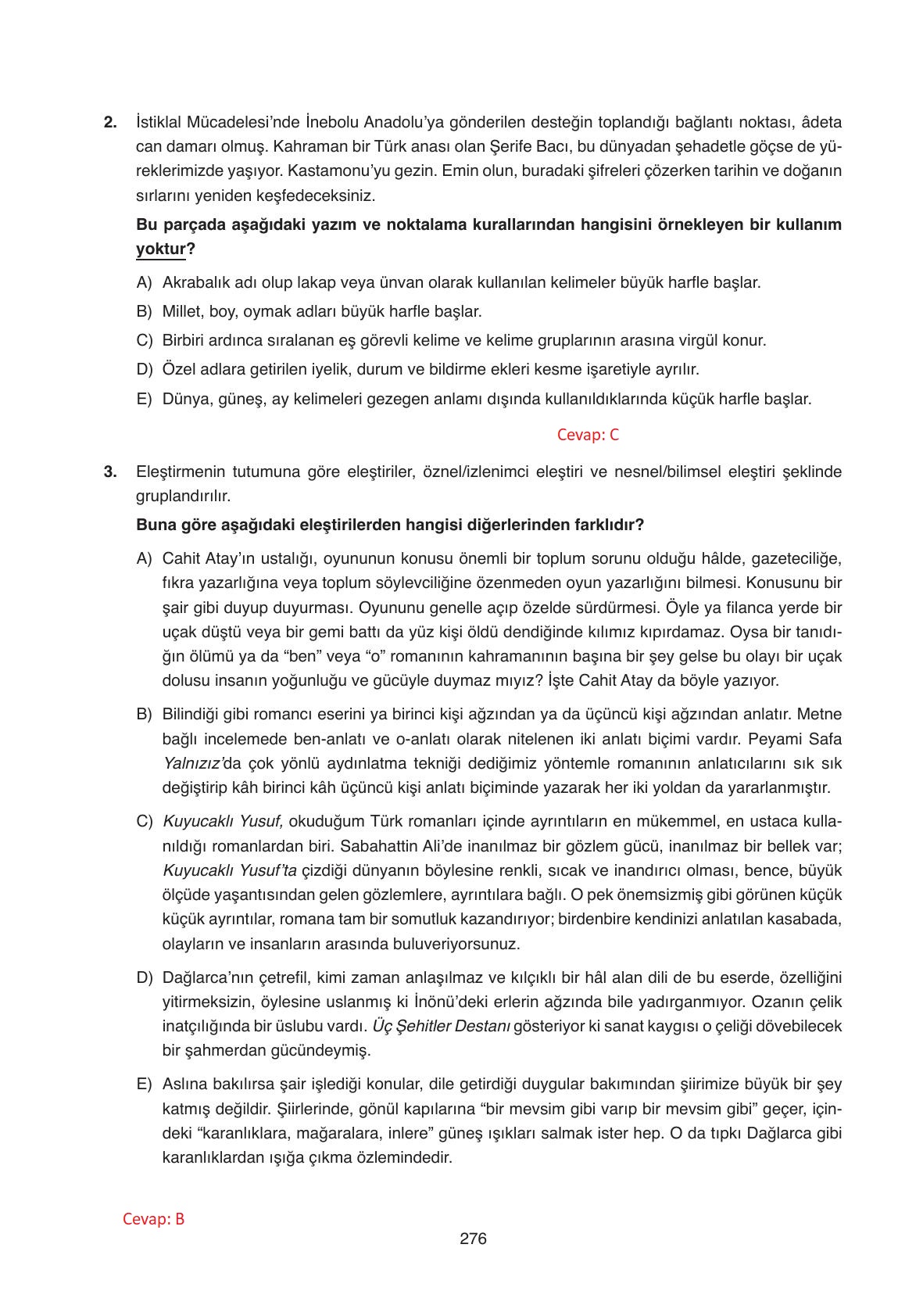 11. Sınıf Ata Yayıncılık Türk Dili Ve Edebiyatı Ders Kitabı Sayfa 276 Cevapları