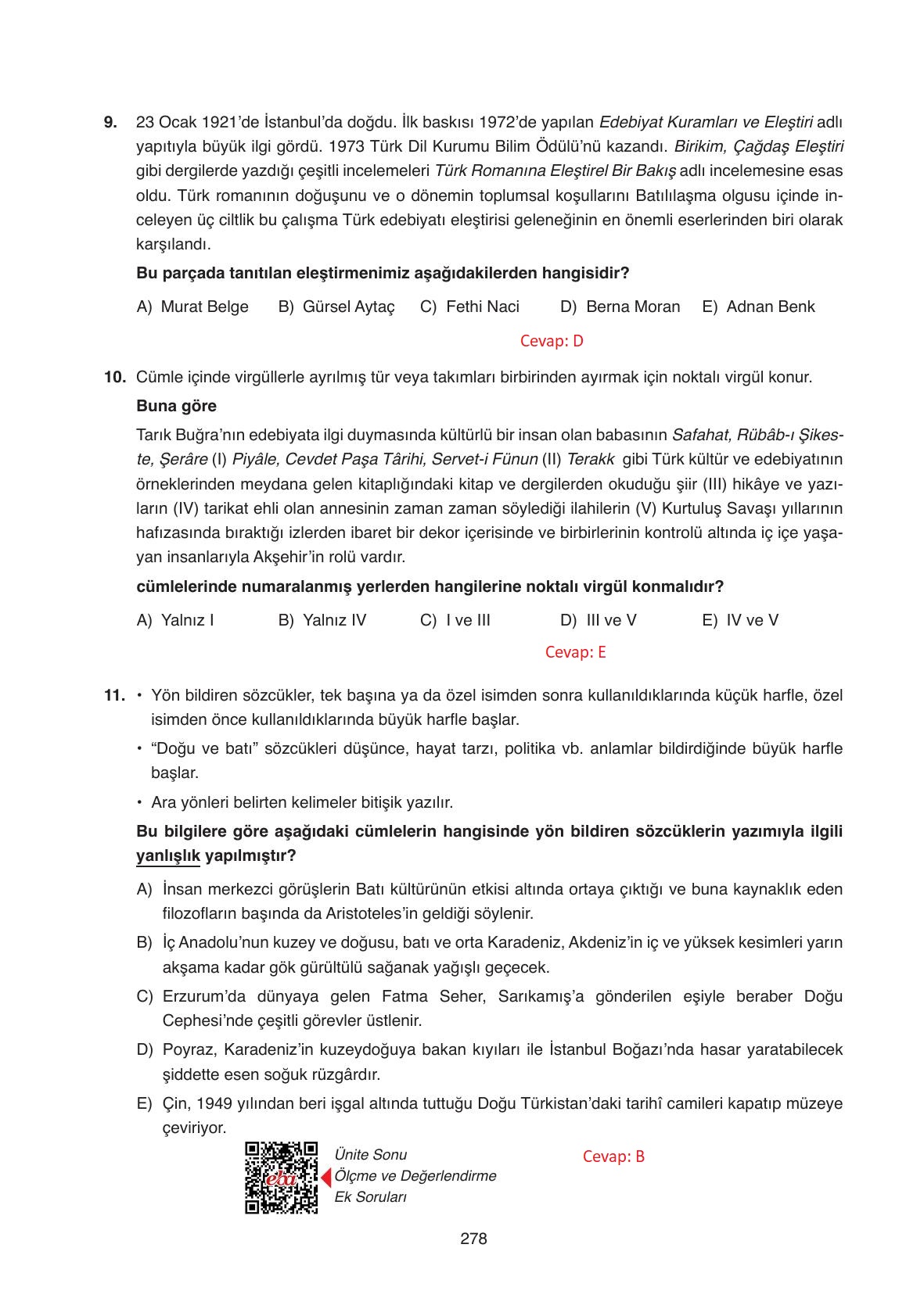 11. Sınıf Ata Yayıncılık Türk Dili Ve Edebiyatı Ders Kitabı Sayfa 278 Cevapları