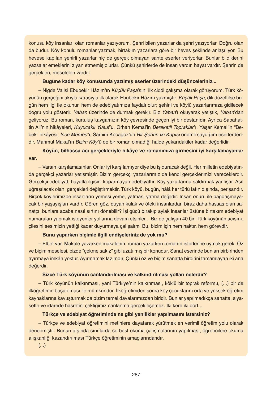 11. Sınıf Ata Yayıncılık Türk Dili Ve Edebiyatı Ders Kitabı Sayfa 287 Cevapları