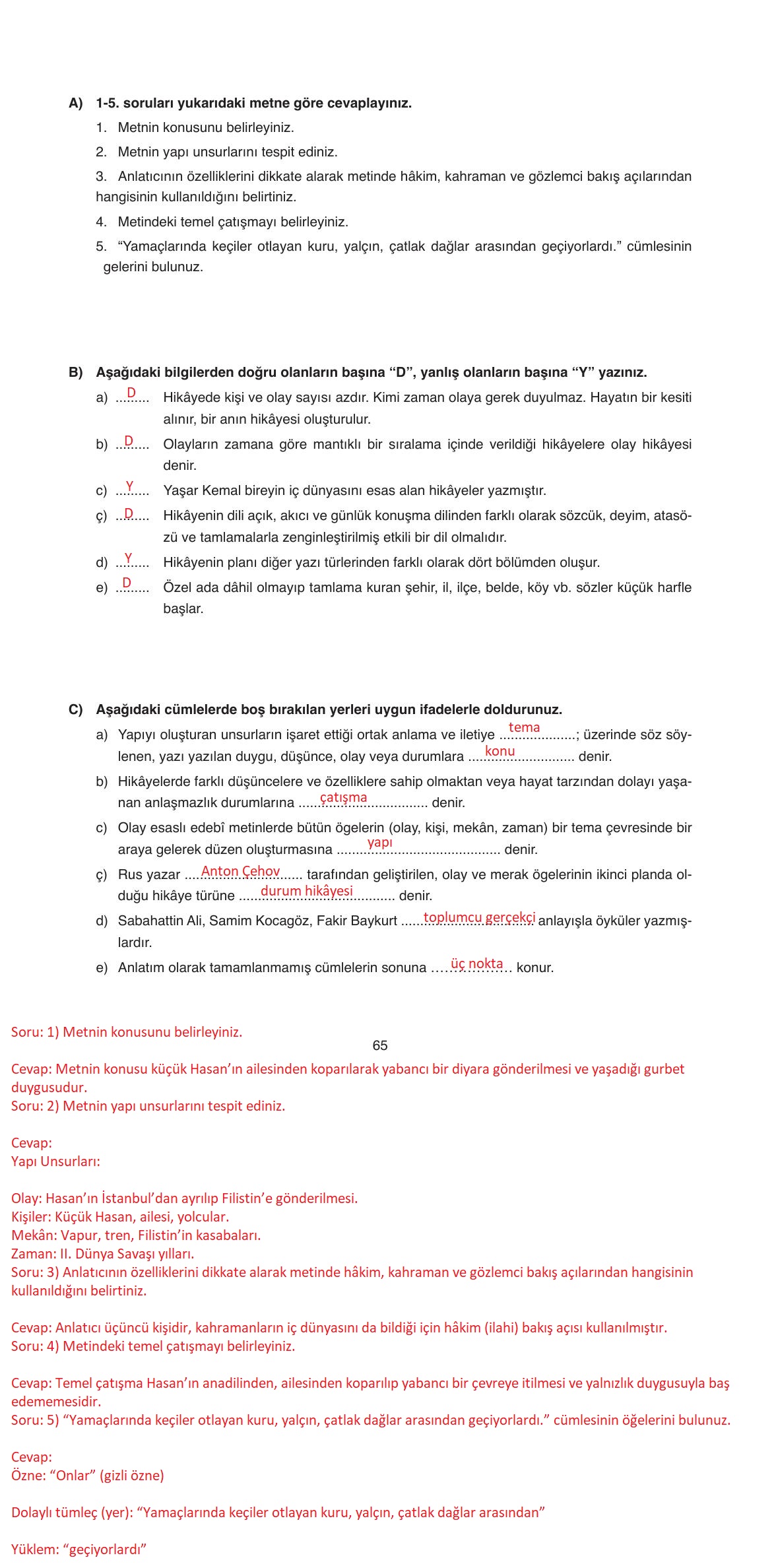 11. Sınıf Ata Yayıncılık Türk Dili Ve Edebiyatı Ders Kitabı Sayfa 65 Cevapları