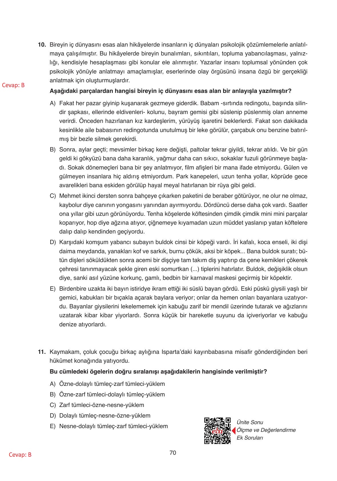 11. Sınıf Ata Yayıncılık Türk Dili Ve Edebiyatı Ders Kitabı Sayfa 70 Cevapları