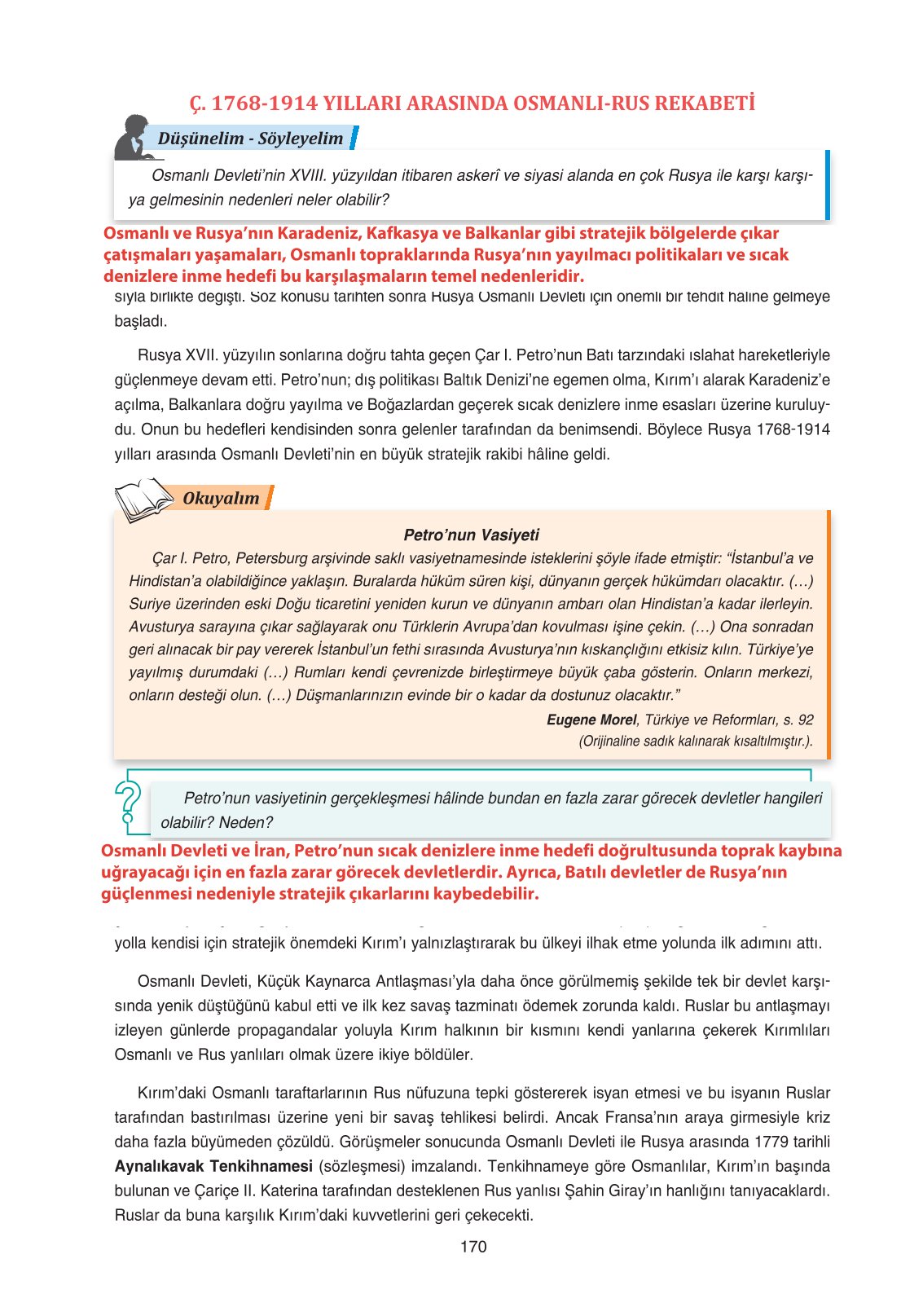 11. Sınıf Ders Destek Yayınları Tarih Ders Kitabı Sayfa 170 Cevapları