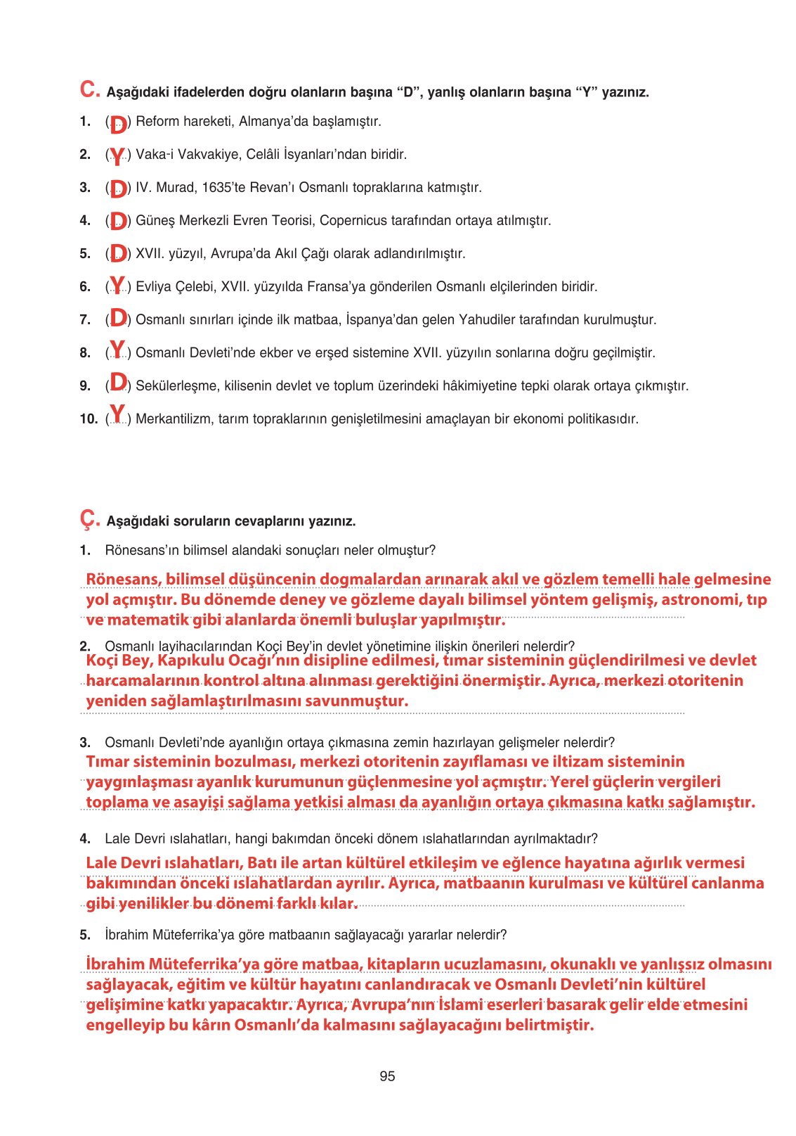 11. Sınıf Ders Destek Yayınları Tarih Ders Kitabı Sayfa 95 Cevapları