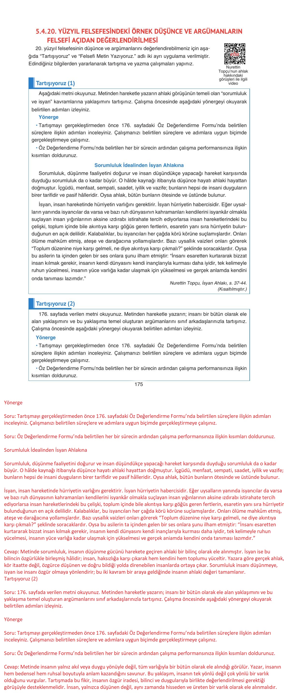 11. Sınıf Hisar Yayıncılık Felsefe Ders Kitabı Sayfa 176 Cevapları