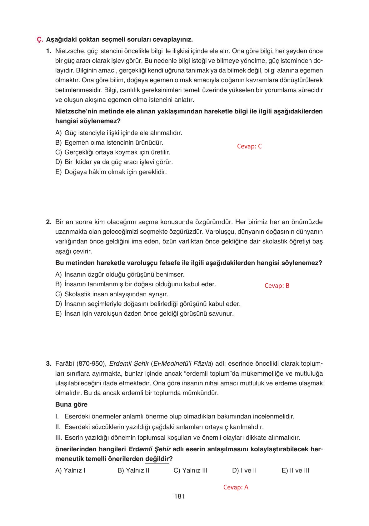 11. Sınıf Hisar Yayıncılık Felsefe Ders Kitabı Sayfa 182 Cevapları