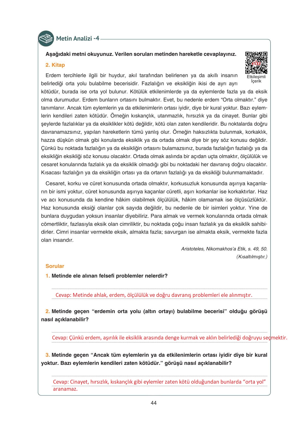 11. Sınıf Hisar Yayıncılık Felsefe Ders Kitabı Sayfa 45 Cevapları
