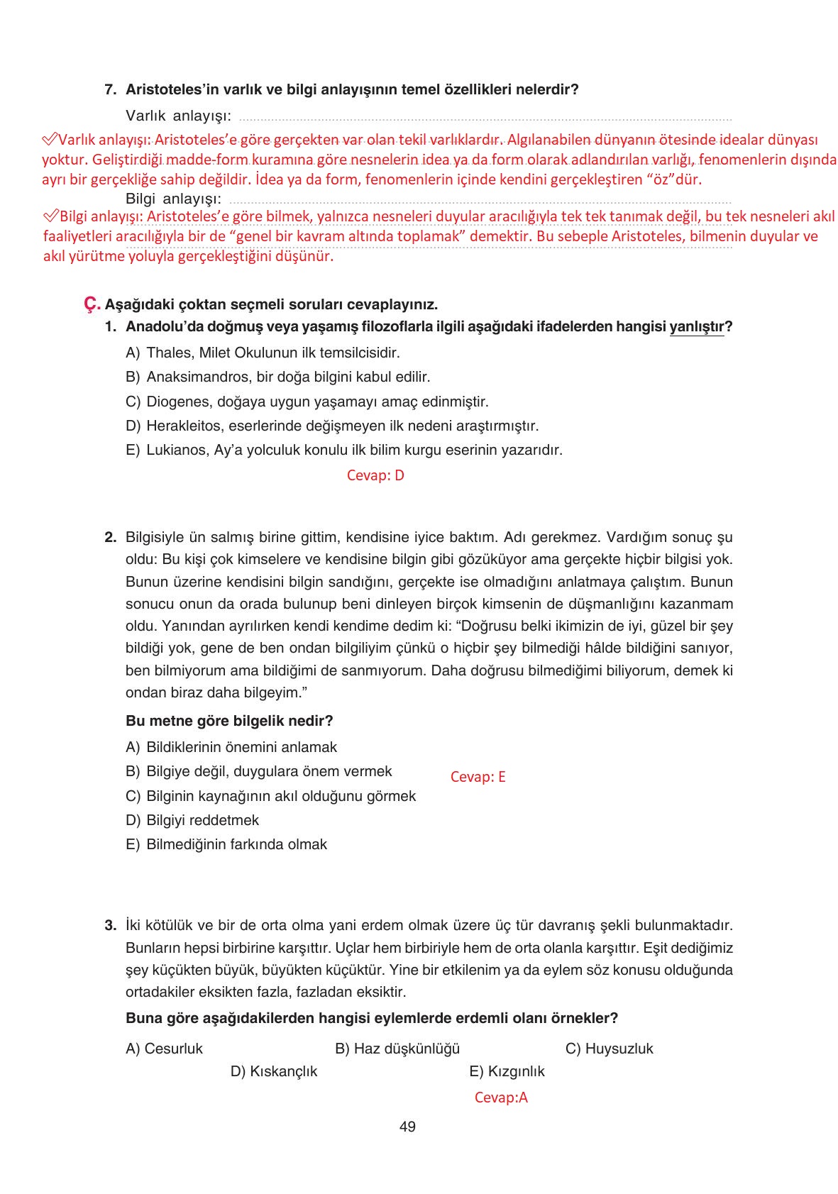 11. Sınıf Hisar Yayıncılık Felsefe Ders Kitabı Sayfa 50 Cevapları