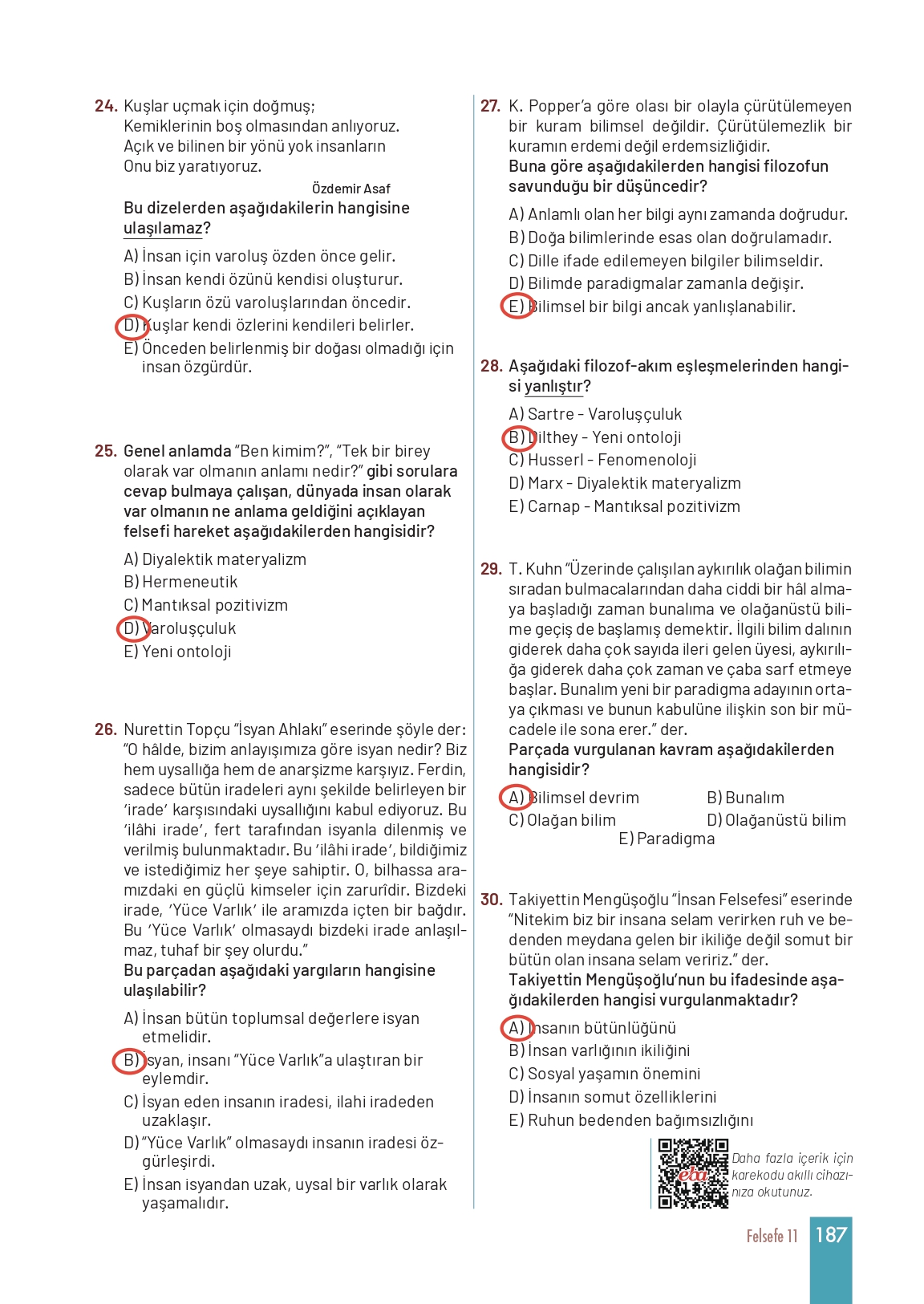11. Sınıf Meb Yayınları Felsefe Ders Kitabı Sayfa 187 Cevapları