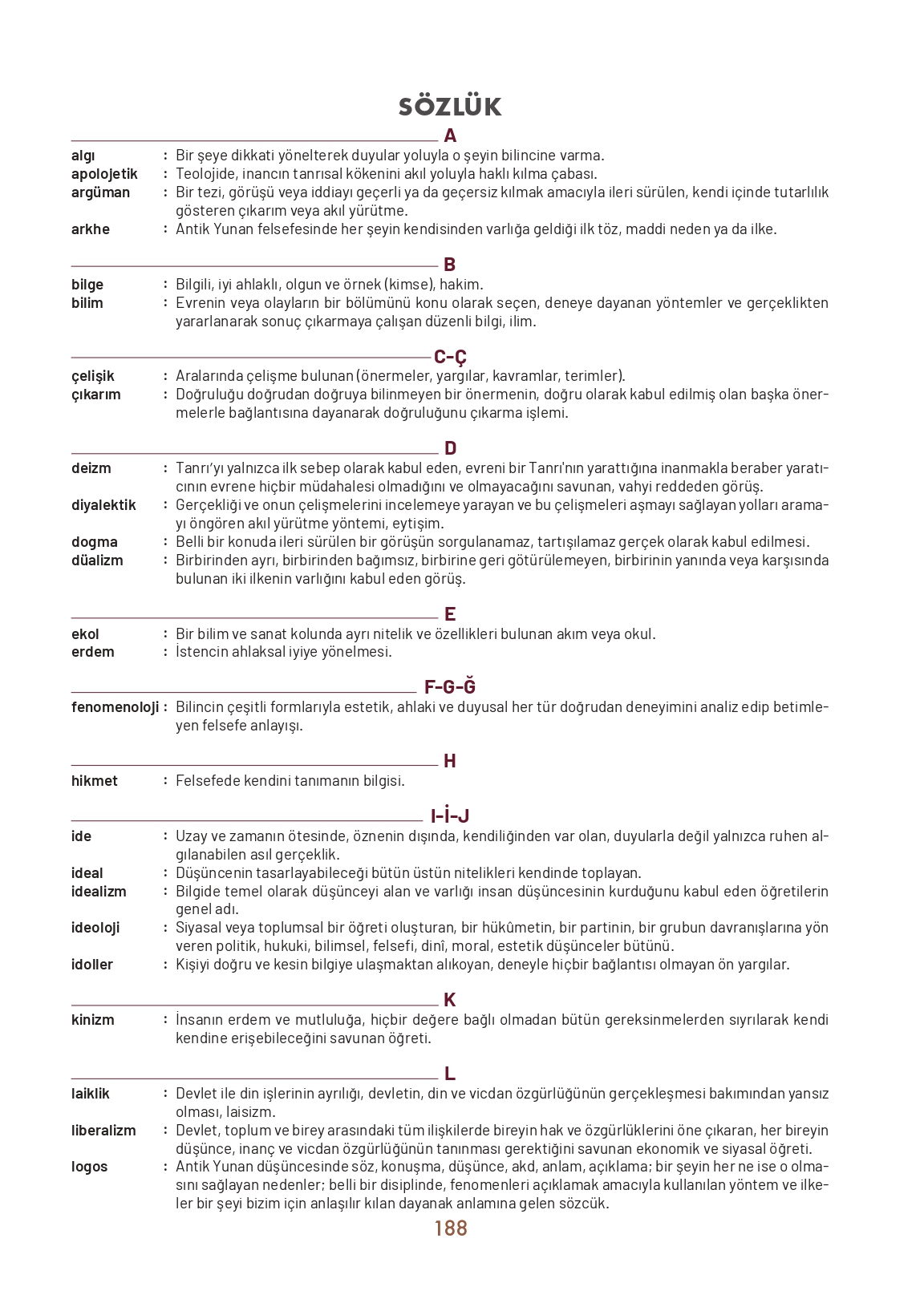 11. Sınıf Meb Yayınları Felsefe Ders Kitabı Sayfa 188 Cevapları
