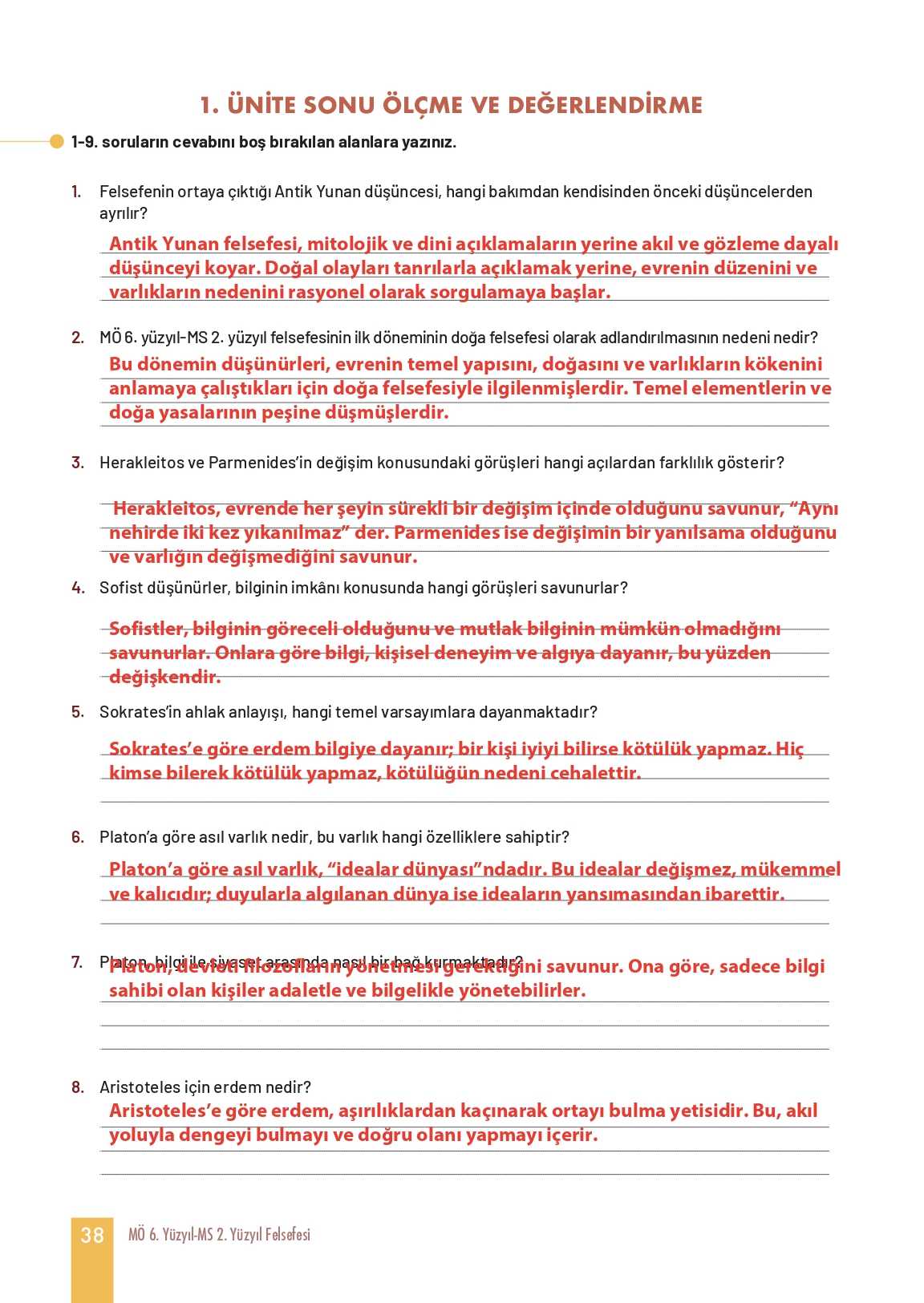 11. Sınıf Meb Yayınları Felsefe Ders Kitabı Sayfa 38 Cevapları