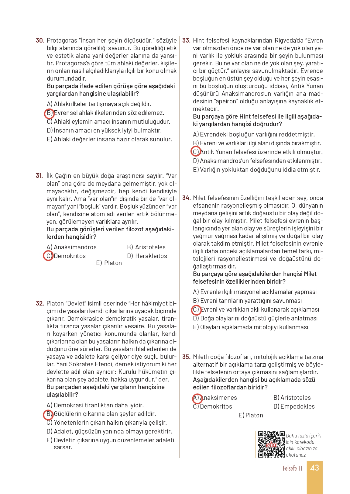 11. Sınıf Meb Yayınları Felsefe Ders Kitabı Sayfa 43 Cevapları