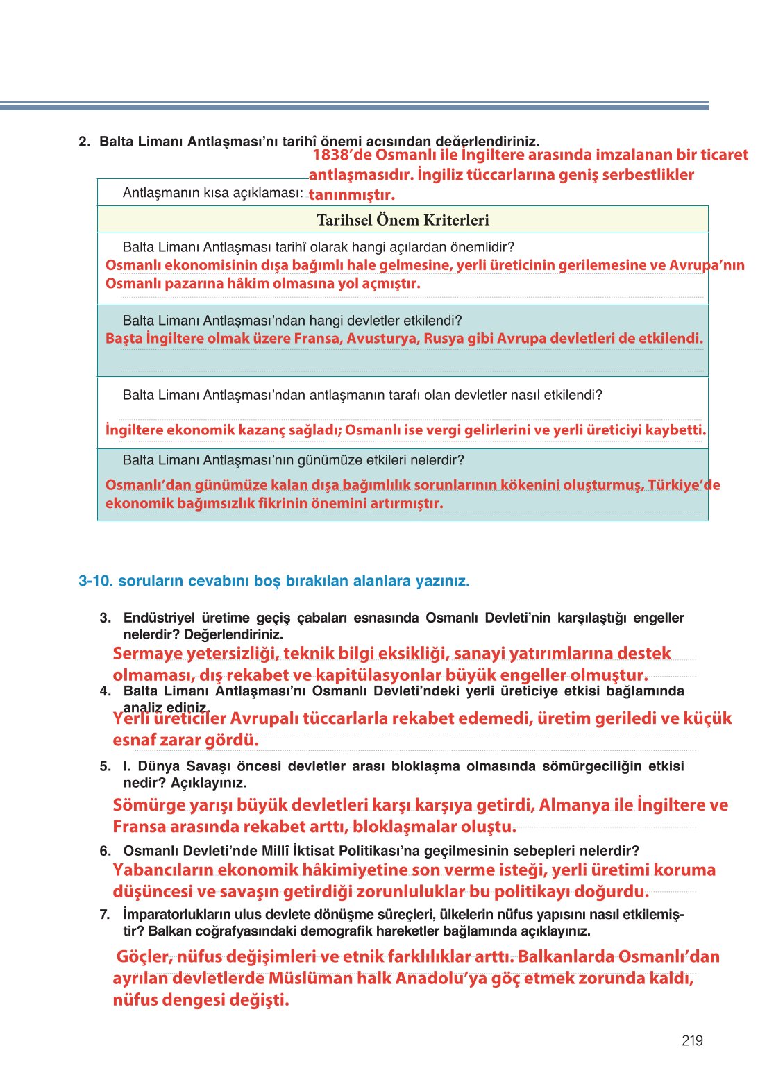 11. Sınıf Meb Yayınları Tarih Ders Kitabı Sayfa 219 Cevapları