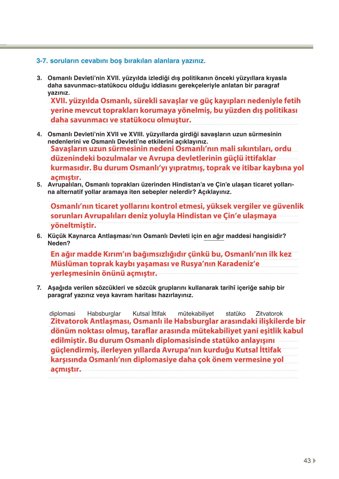 11. Sınıf Meb Yayınları Tarih Ders Kitabı Sayfa 43 Cevapları