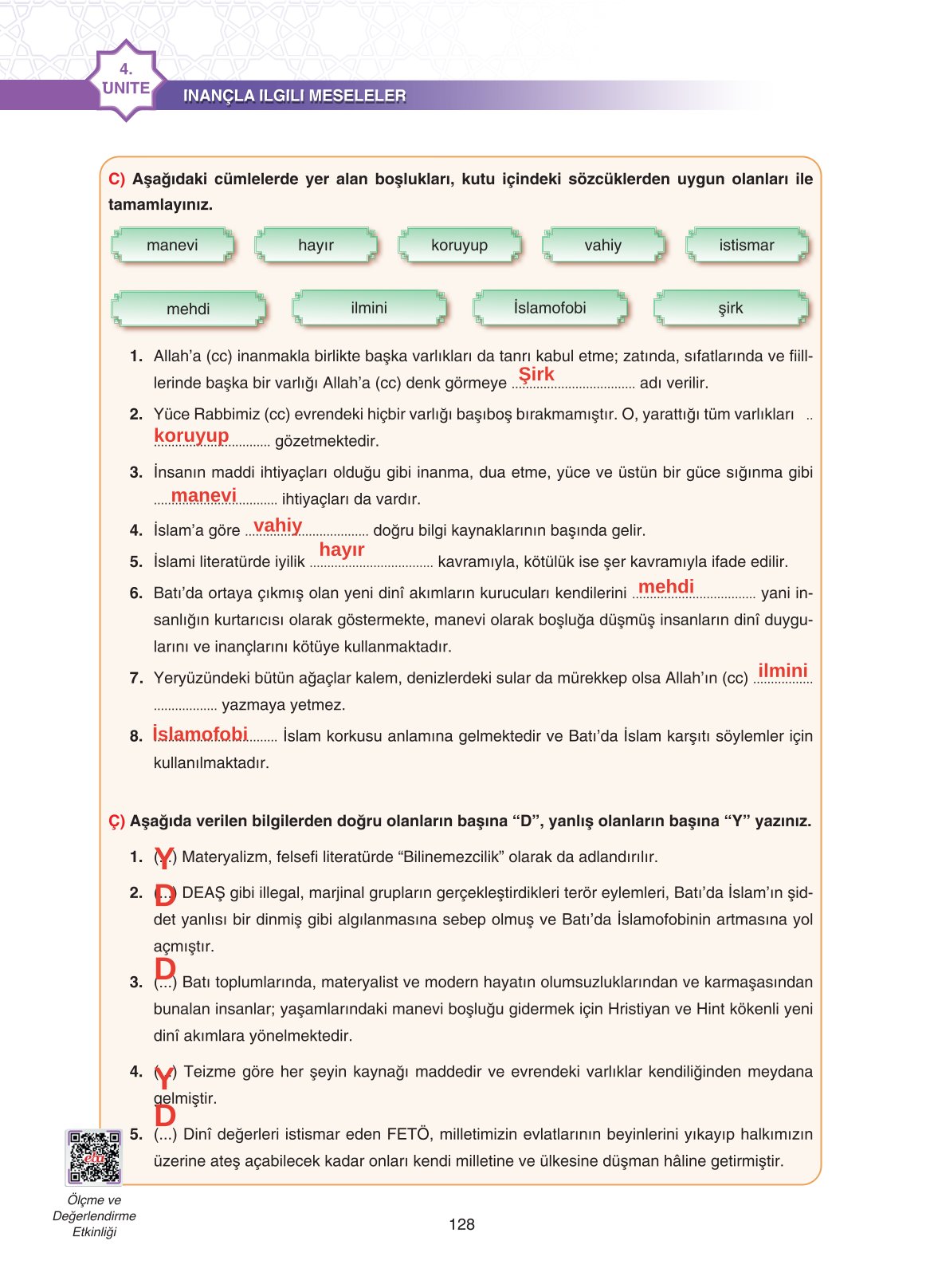 11. Sınıf Sdr İpekyolu Yayıncılık Din Kültürü Ve Ahlak Bilgisi Ders Kitabı Sayfa 128 Cevapları