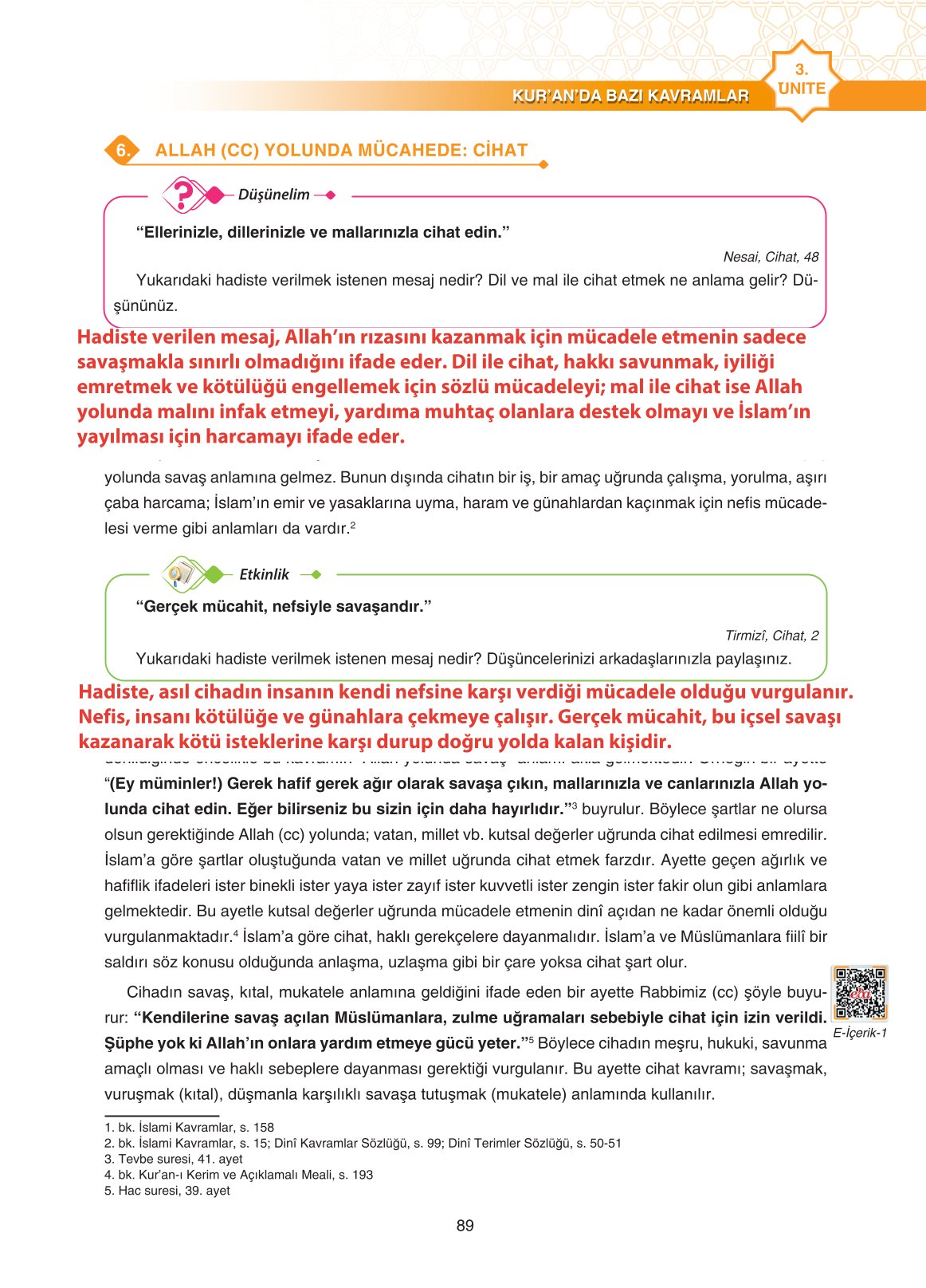 11. Sınıf Sdr İpekyolu Yayıncılık Din Kültürü Ve Ahlak Bilgisi Ders Kitabı Sayfa 89 Cevapları