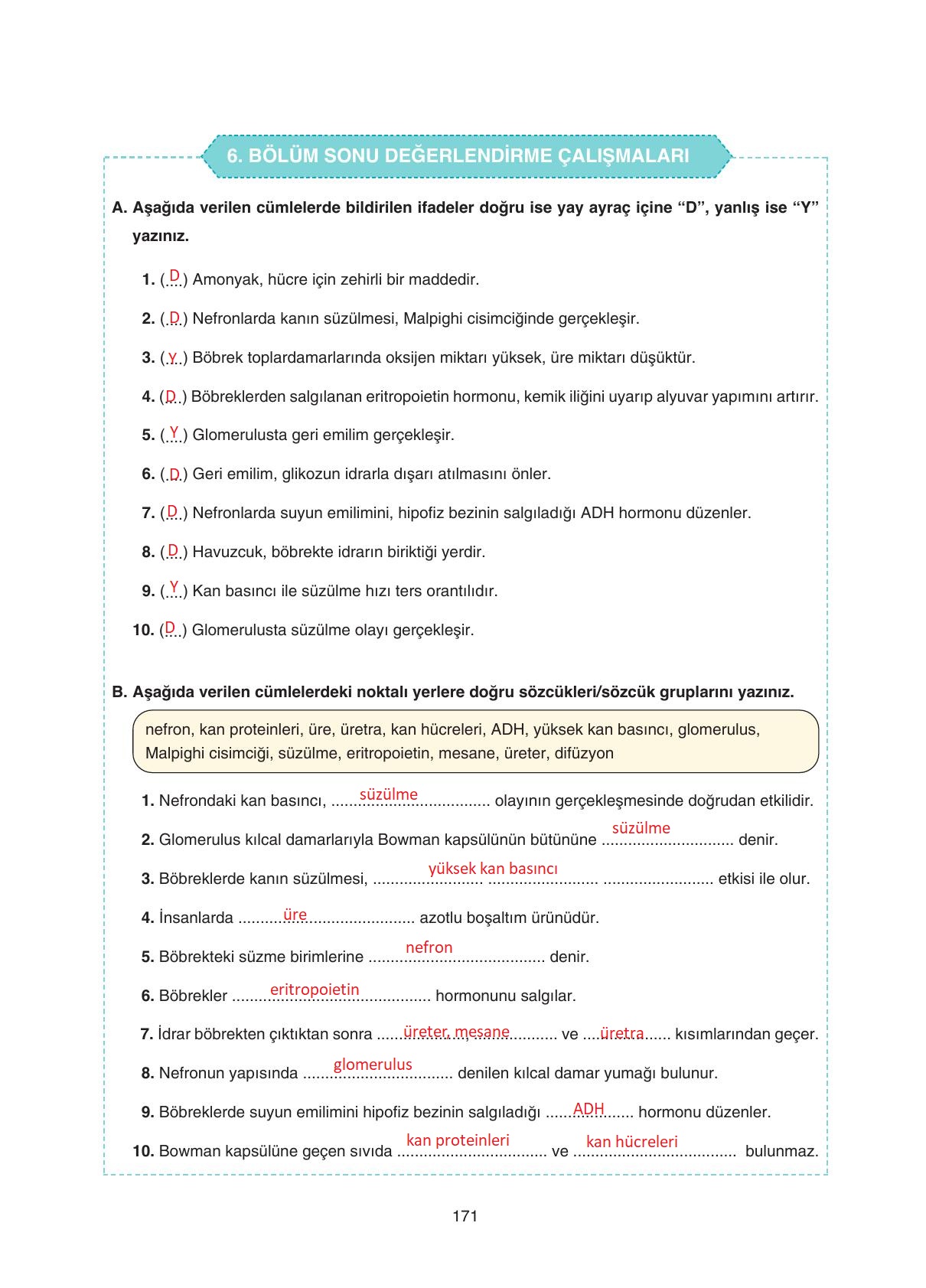 11. Sınıf Tutku Yayıncılık Biyoloji Ders Kitabı Sayfa 171 Cevapları