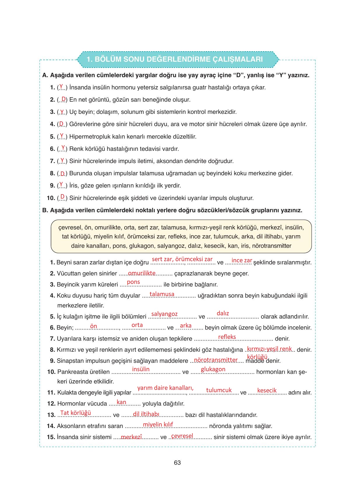 11. Sınıf Tutku Yayıncılık Biyoloji Ders Kitabı Sayfa 63 Cevapları