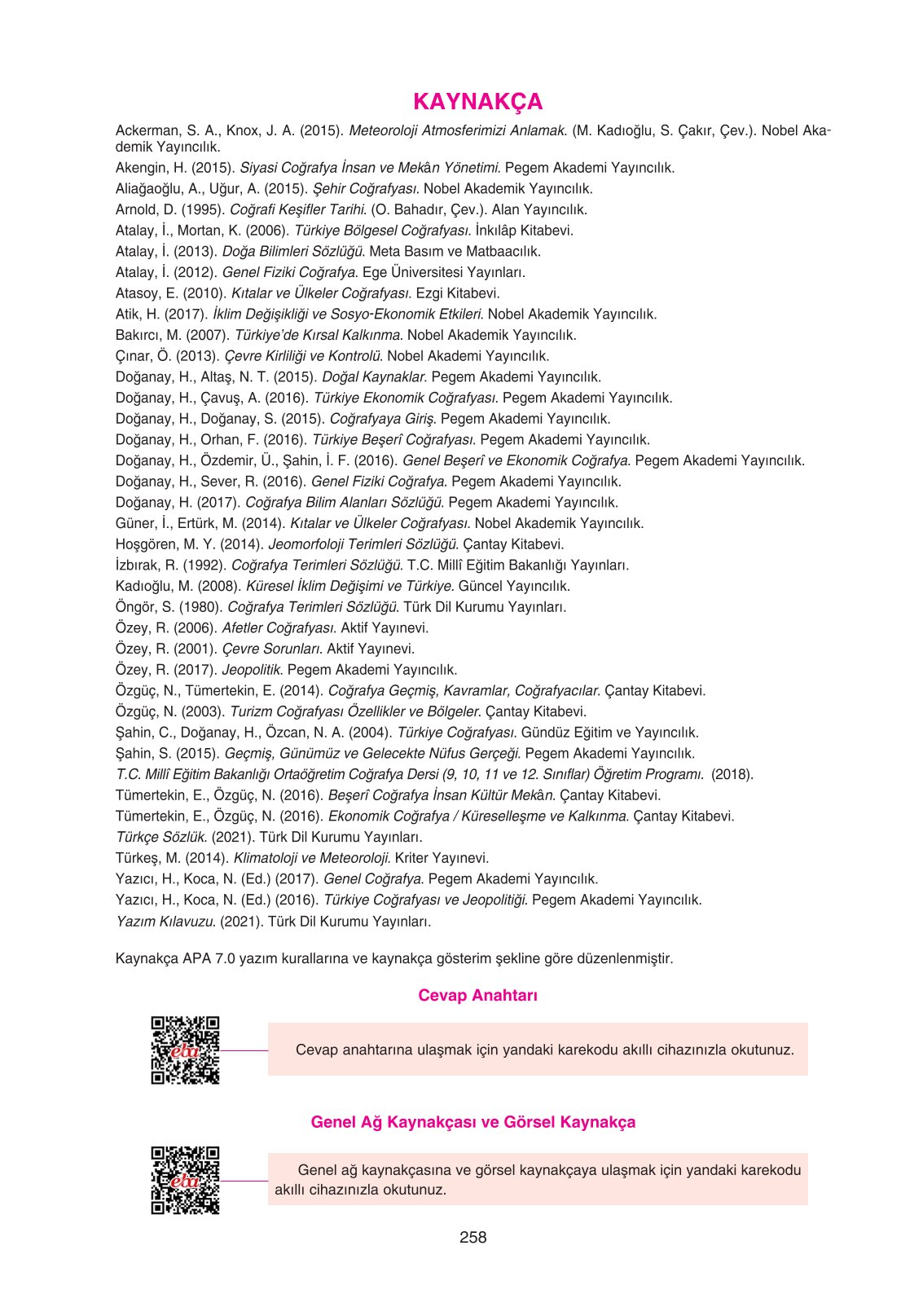 11. Sınıf Yıldırım Yayınları Coğrafya Ders Kitabı Sayfa 258 Cevapları