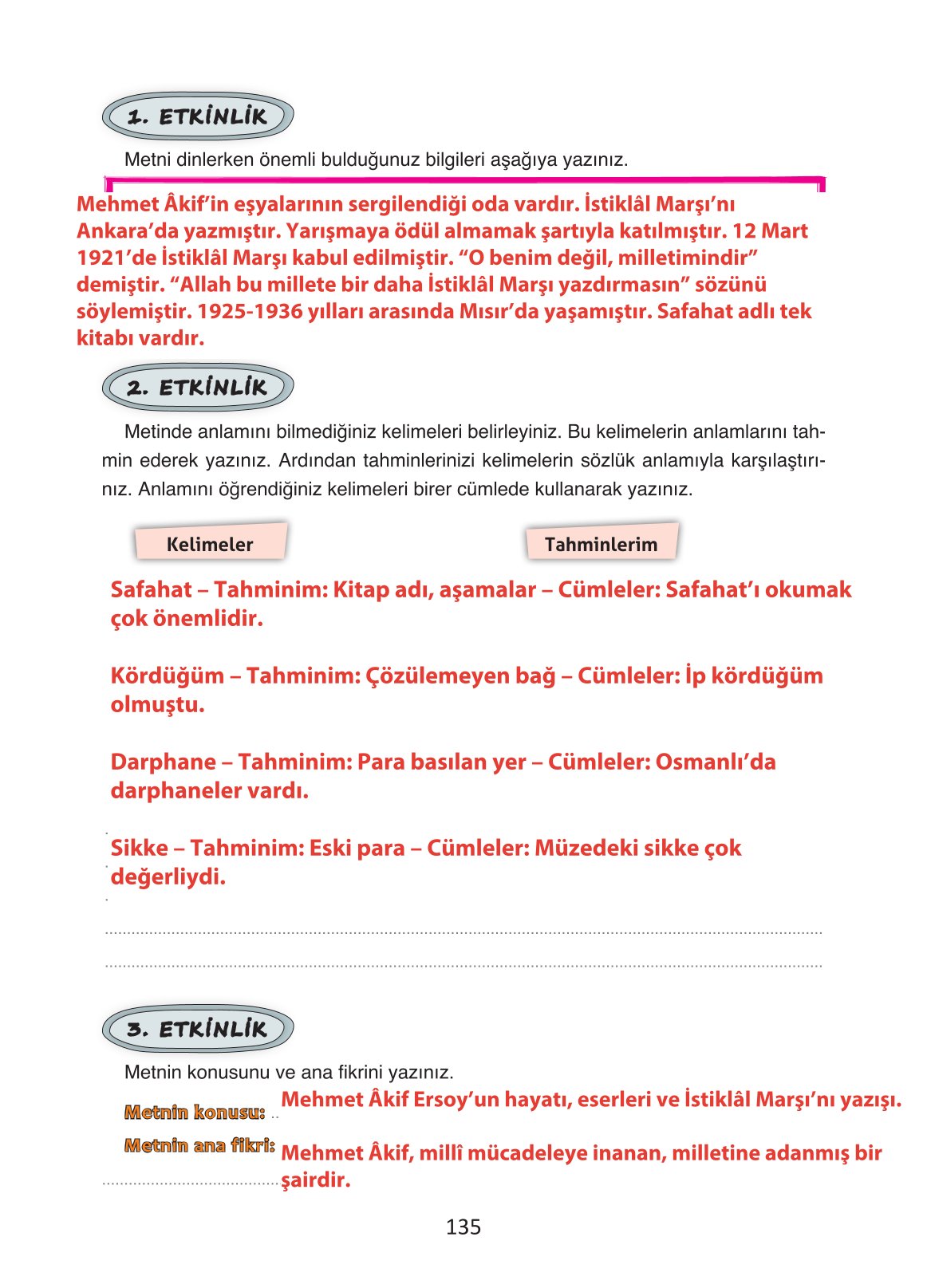 4. Sınıf Ada Yayıncılık Türkçe Ders Kitabı Sayfa 135 Cevapları